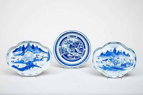 Pair of Chinese Blue and White Porcelain Quatrefoil Trays and a Canton Porcelain Deep Dish