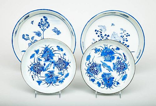 Pair of Modern Chinese Blue and White Porcelain Pot Stands and Two Larger Stands