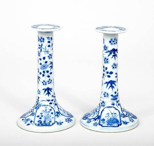 Pair of Chinese Blue and White Porcelain Candlesticks