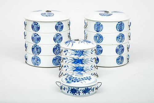 Pair of Modern Chinese Blue and White Porcelain Four-Tier Bowls and a Smaller Four-Tier Set, and a Single Bowl and Cover
