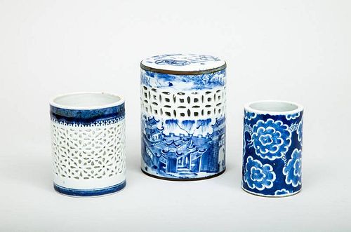 Two Modern Chinese Blue and White Porcelain Pierced Candle Shades and a Cylindrical Vase