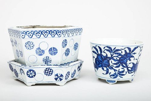 Modern Chinese Blue and White Porcelain Hexagonal Jardini?re and Stand, and a Circular Jardini?re