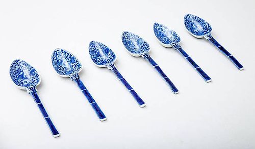 Set of Six Modern Chinese Blue and White Porcelain Soup Spoons