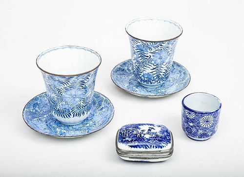 English Metal-Mounted and Transfer-Printed Blue and White Small Soap Dish, Two Chinese Beakers and Saucers, and a Cup