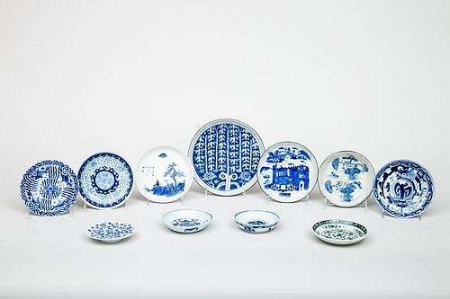 Group of Three Modern Chinese Copper-Rimmed Blue and White Porcelain Dishes and Eight Other Dishes