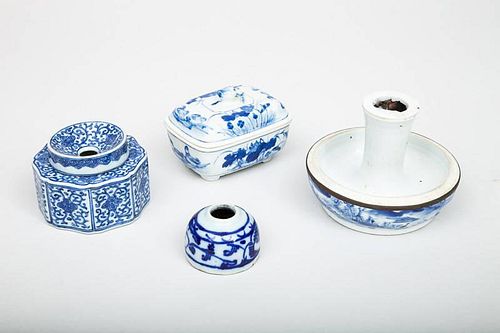 Modern Chinese Brass-Rimmed Blue and White Porcelain Candlestick, a Small Soap Dish and Cover, an Inkwell and Cover, and a Small Ink...