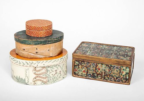 Shaker Style Bentwood Oval Bix, Faux Scrimshaw and Wood Oval Box, a Small Paper-Covered Circular box and a Rectangular Reverse-Paint...
