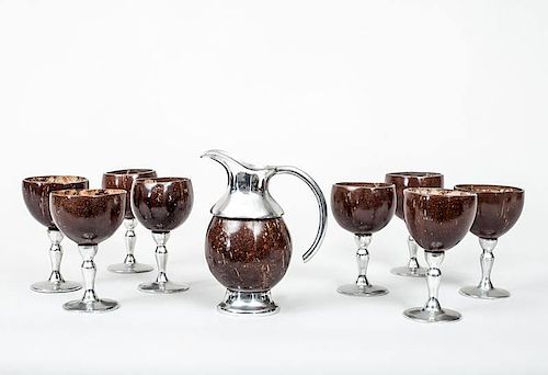 Set of Eight Metal-Mounted Coconut Shell Goblets