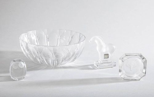 Lalique Glass Horse Figure, a Norwegian Glass Owl-Form Paperweight, a Glass Ashtray with Etched Fox Motif and a Glass Bowl