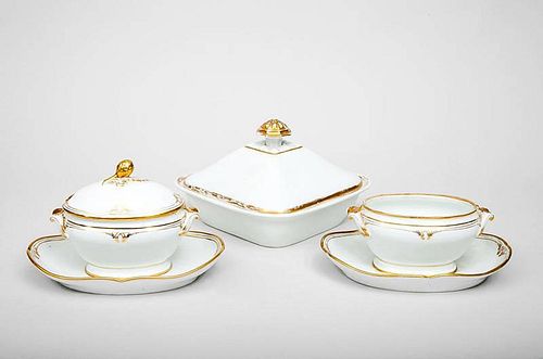 Paris Porcelain Vegetable Dish and Cover, and Two Sauce Tureens