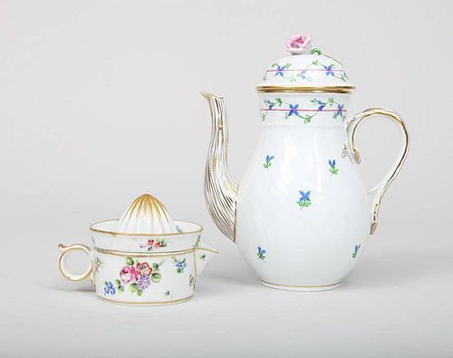 Herend Porcelain Blue Cornflower Coffee Pot and Cover and a S?vres Style Porcelain Lemon Juicer