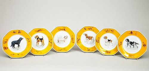 Set of Six Transfer-Printed Octagonal Plates, from the Hermes Chiens courants and Chiens d'arret Series