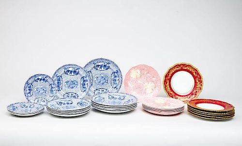 Set of Six J. Pouyat Limoges Porcelain Dessert Plates, Adams Blue Transfer-Printed Sixteen-Piece Port Dinner Set and Six English Emb...