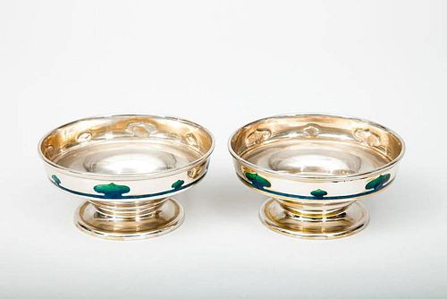 Pair of Enamel-Mounted Silver English Arts and Crafts Small Footed Bowls