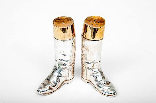 Pair English Silver and Silver-Gilt Riding Boot-Form Shakers