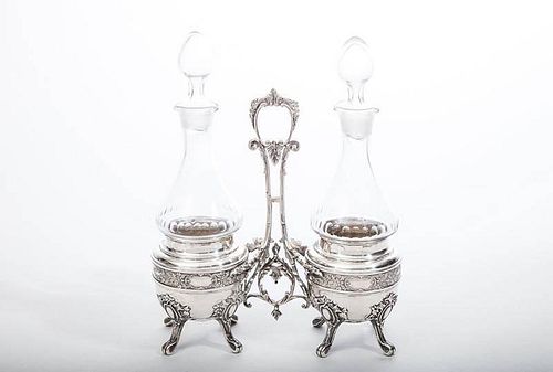 Continental Silver (800) Cruet Stand and Two Cut-Glass Cruets and Stoppers, in the Louis XVI Style