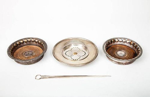 Footed Sterling Tray Together with Two Regency Silver-Plated Coasters and a George III Meat Skewer
