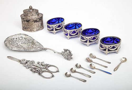 Continental Silver Figure-Decorated Small Tea Caddy, a Slotted Spoon, a Pair of Grape Nips, Four German Silver-Plated Salts with Blu...