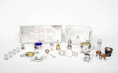 Two English Silver Tea Leaf Strainers, a Silver-Gilt Pepper Mill, a Pair of Tiffany & Co. Small Silver Shakers, and a Group of Silve...