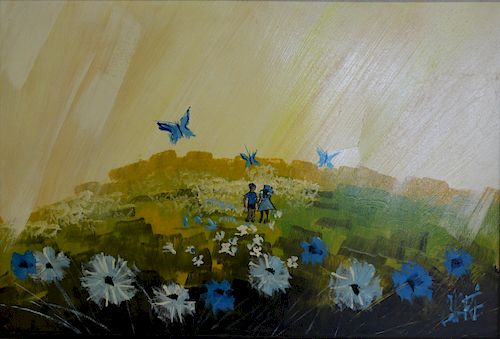 CLARE. Oil on Board of Kids and Butterflies.