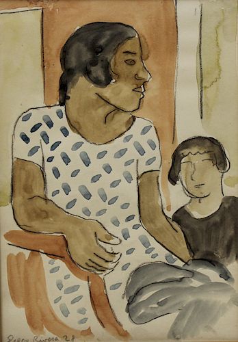 Diego Rivera. Signed And Dated Watercolor