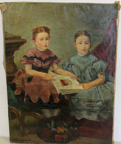 LILLIAN? Signed Oil On Canvas Of 2 Girls.