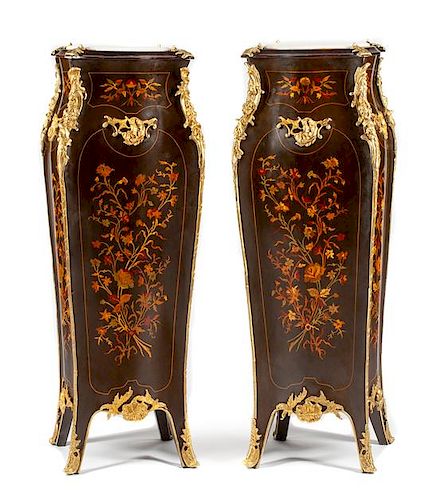 A Pair of Louis XV Style Gilt Bronze Mounted Marquetry Pedestals Height 46 x width 16 x depth 16 inches.