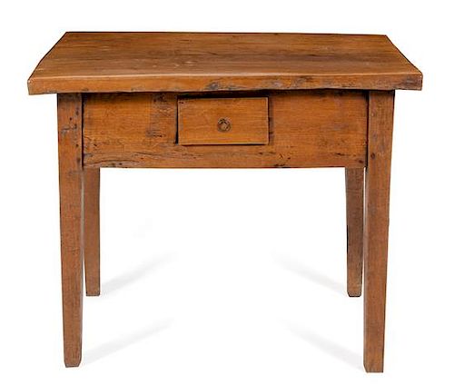 A Provincial Fruitwood Work Table Height 32 x width 39 3/4 x depth 27 inches.