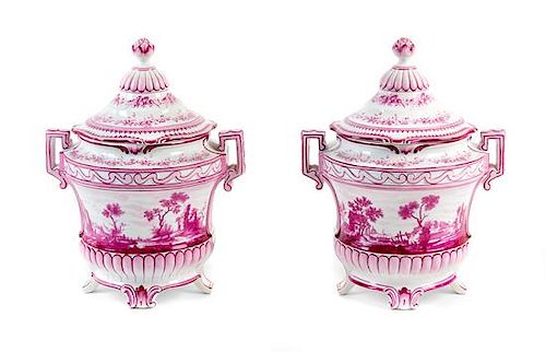 A Pair of French Faience Covered Urns Height 11 1/2 inches.
