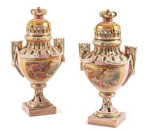 A Pair of Sevres Style Porcelain Potpourri Vases and Covers Height 19 inches.