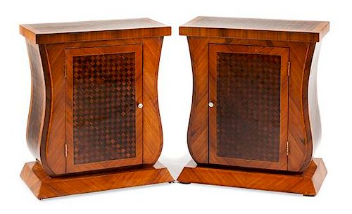 A Pair of Art Deco Style Parquetry Side Cabinets Height 27 x width 24 x depth 13 inches.