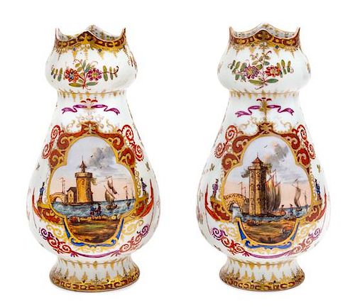 A Pair of Dresden Painted Porcelain Vases Height 9 1/2 inches.