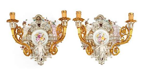 A Pair of German Porcelain and Gilt Bronze Sconces Height 15 1/2 x width 16 inches.