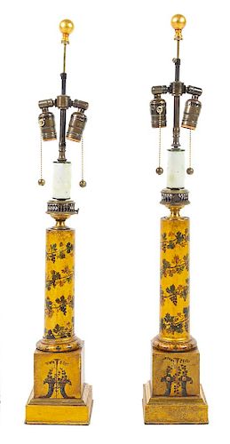 A Pair of Continental Painted Tole Lamps Height overall 21 3/4 inches.