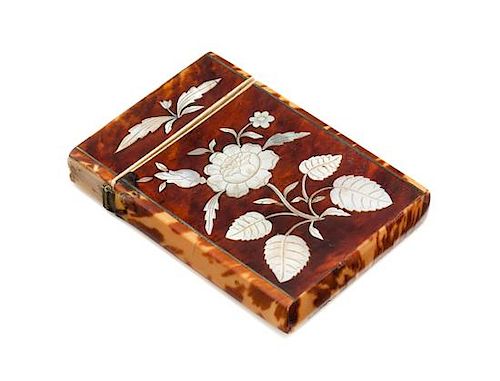 * A Regency Mother-of-Pearl Inlaid Tortoise Shell Card Case Height 3 1/2 inches.