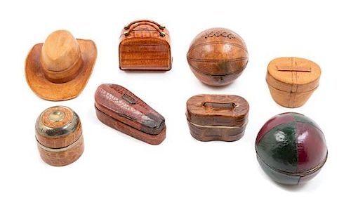 Eight Leather-Cased Traveling Inkwells Width of first 3 1/4 inches.