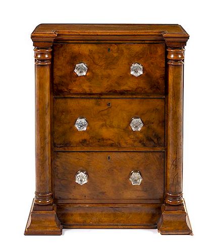 An Edwardian Burl Walnut Chest of Drawers Height 22 x width 17 x depth 10 inches.
