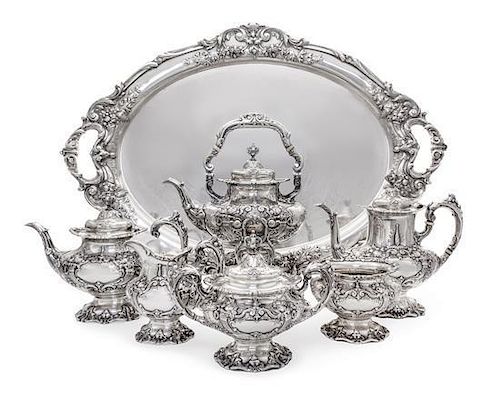An American Silver Six-Piece Tea and Coffee Set and Matching Tray, Reed & Barton, Taunton, MA, 1929-30, Francis I pattern, compr