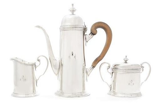 An American Silver Three-Piece Coffee Service, Tiffany & Co., New York, NY, 20th Century, comprising a coffee pot, covered sugar
