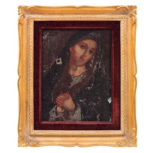 Lote de 3 imágenes religiosas. Méx, s XIX / XX. Óleo sobre lámina de zinc. Santo Niño de Atocha. Vírgen de los 7 Dolores, otro.
