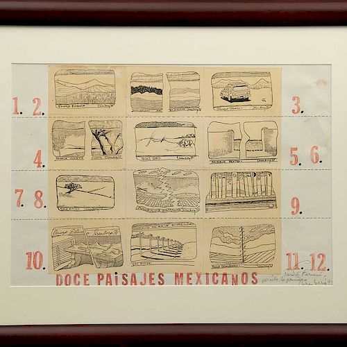 Felipe Ehrenberg. Doce paisajes mexicanos. Collage sobre papel. Firmada y fechada 93. Con dedicatoria. Enmarcada. 29 x 42 cm
