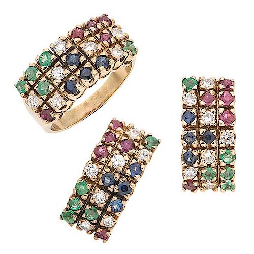 Juego de anillo y par de aretes con rubíes, esmeraldas, zafiros y diamantes en oro amarillo de 14 k Talla anillo: 6 ½.<...