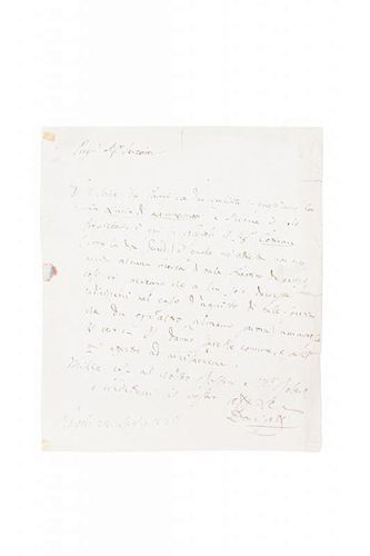 DONIZETTI, GAETANO. ALS, 1p., Naples, July 28, 1836. To Carlo Severini, regarding Lucia di Lammermoor. In Italian.