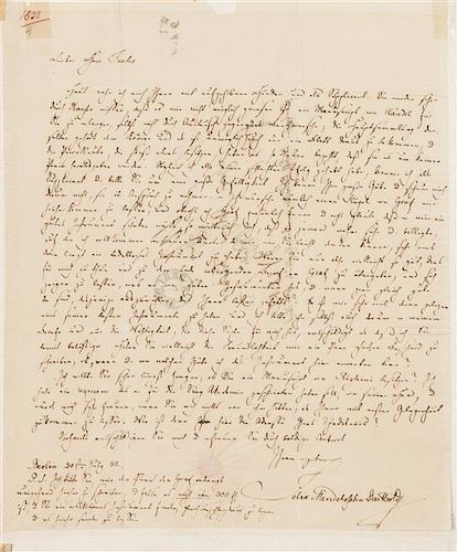 MENDELSSOHN, FELIX. Autographed letter signed, 1 p. Berlin, July 20, 1832. To Aloys Fuchs, re: Handel and Righini MSS. In German