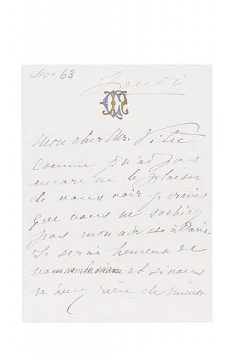 NILSSON, CHRISTINE. Autographed letter signed ("Chrine Nilsson"), 3 pp., s.l., n.d.