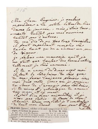 PLEYEL, IGNACE. Autographed letter signed, one page, September 25, 1849.
