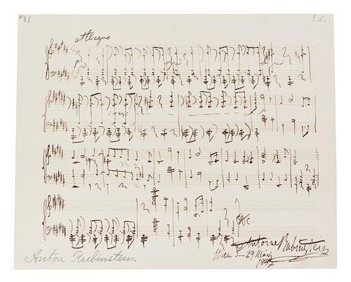 RUBINSTEIN, ANTON. Signed quotation, achieved in another hand. 4 staves from an unidentified work. Vienna, March 29, 1842.