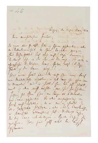 SCHUMANN, ROBERT. Autographed letter signed, two pages, Leipzig, May 21, 1840, in German.