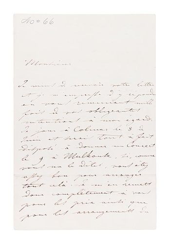 THALBERG, SIGISMUND. Autographed letter signed, 2 1/2 pp., May 29, 1845, program for upcoming concert.
