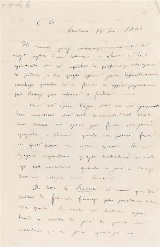 VERDI, GIUSEPPI. Autographed letter signed, two pages, Milan, November 18, 1845.